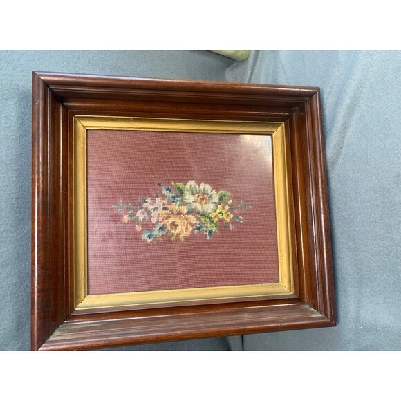 Vintage Framed Floral Needlepoint Art with Wood Frame & Glass Cover - Picture 4 of 11